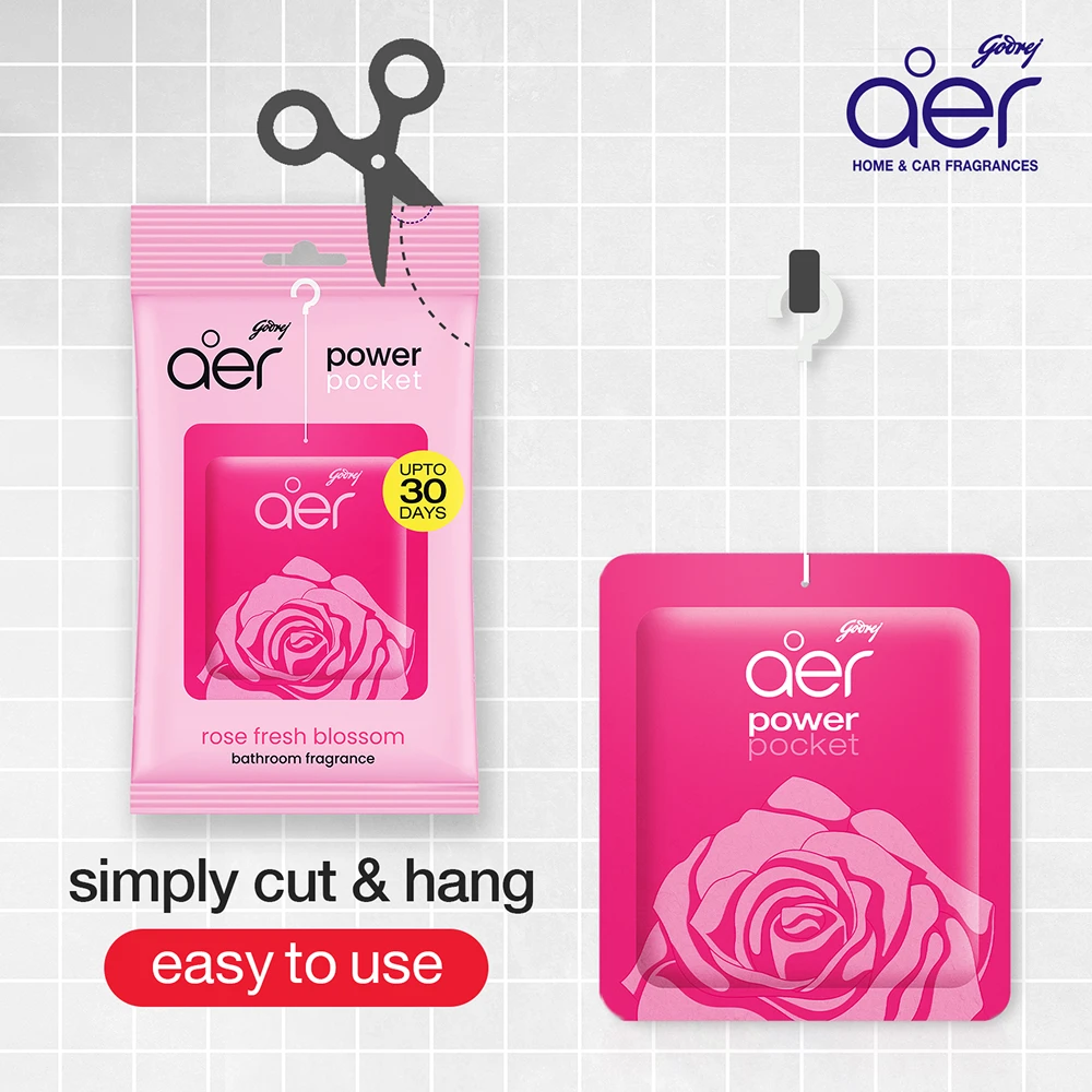 Godrej aer Power Pocket Bathroom Freshener in the Rose Fresh Blossom scent.