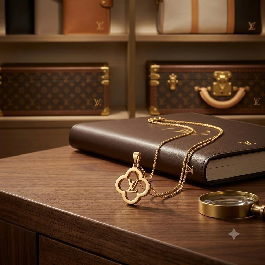 gold-plated pendant with a quatrefoil pendant featuring the 'LV' logo