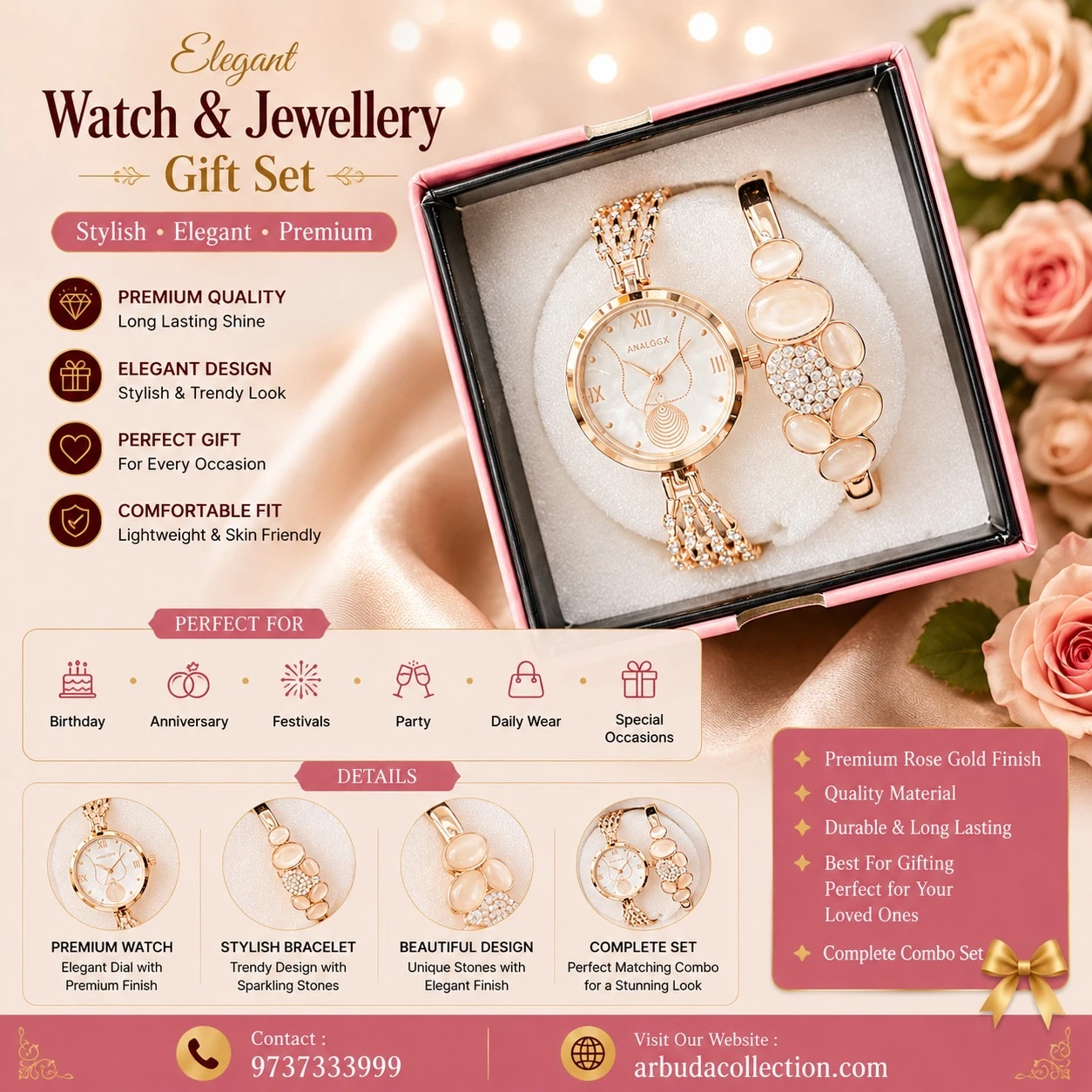 elegant rose gold watch and matching heart bracelet set