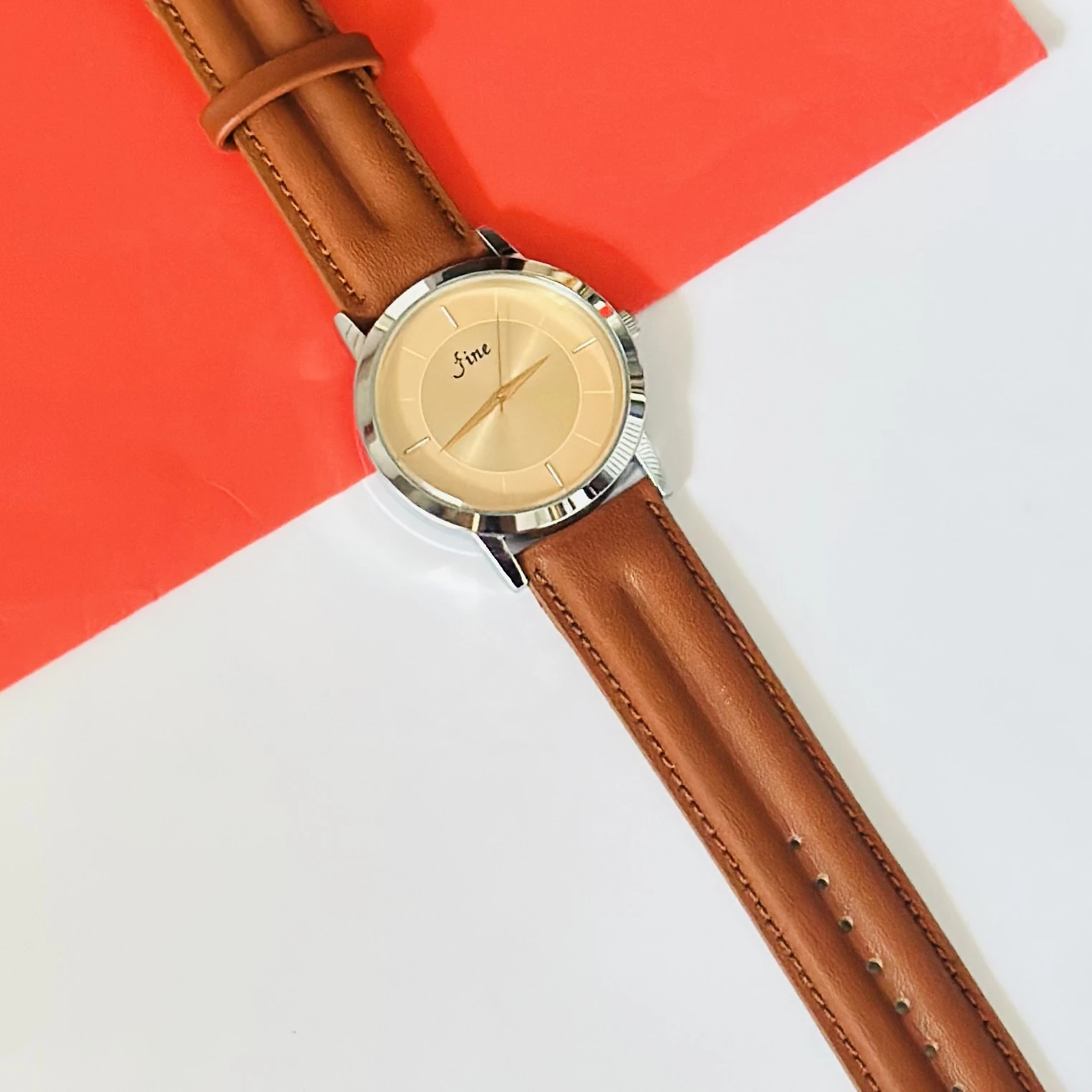 Silver Dial Brown Leather Strap Analog Wrist Watch for Men.