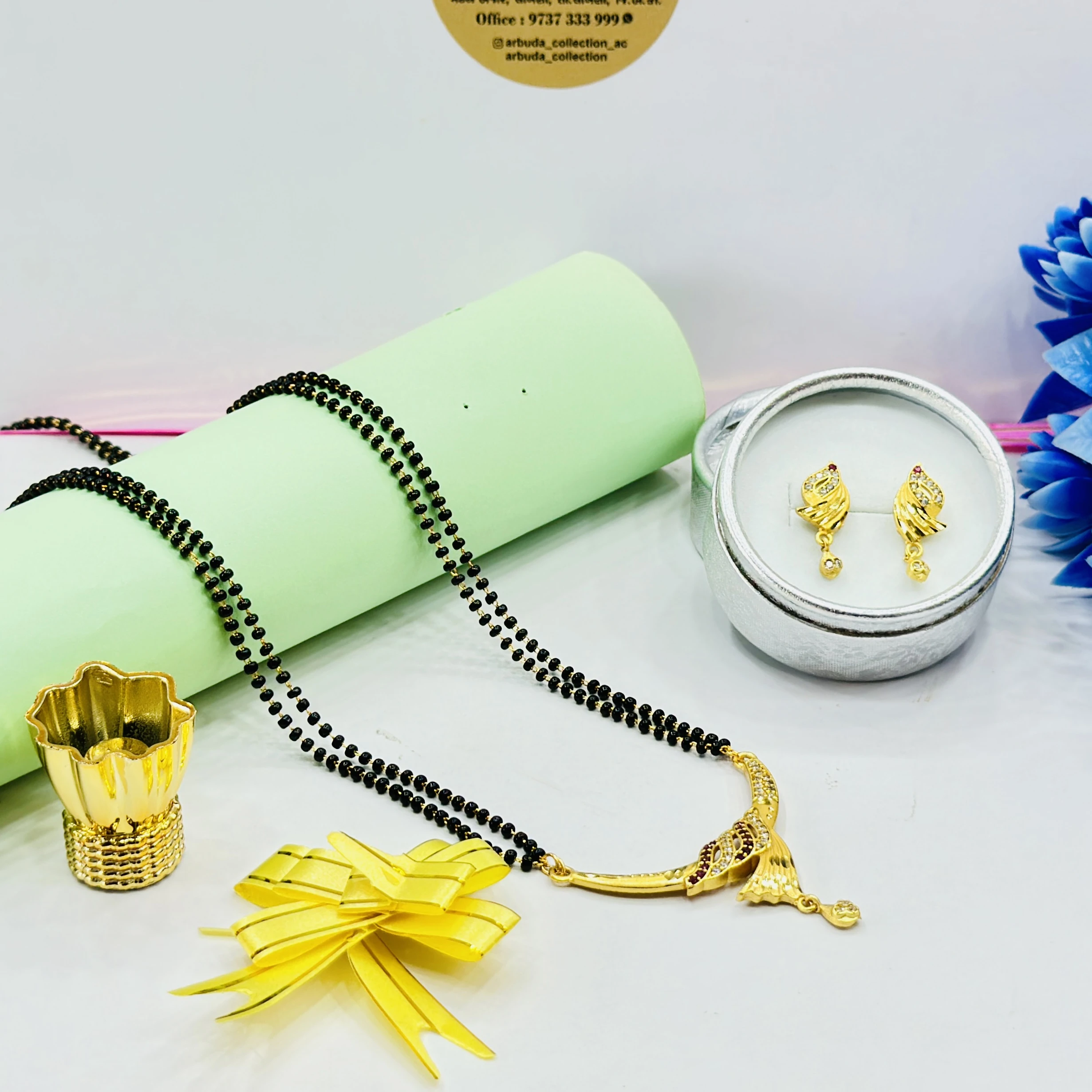 Gold plated brass mangalsutra necklace and earring set