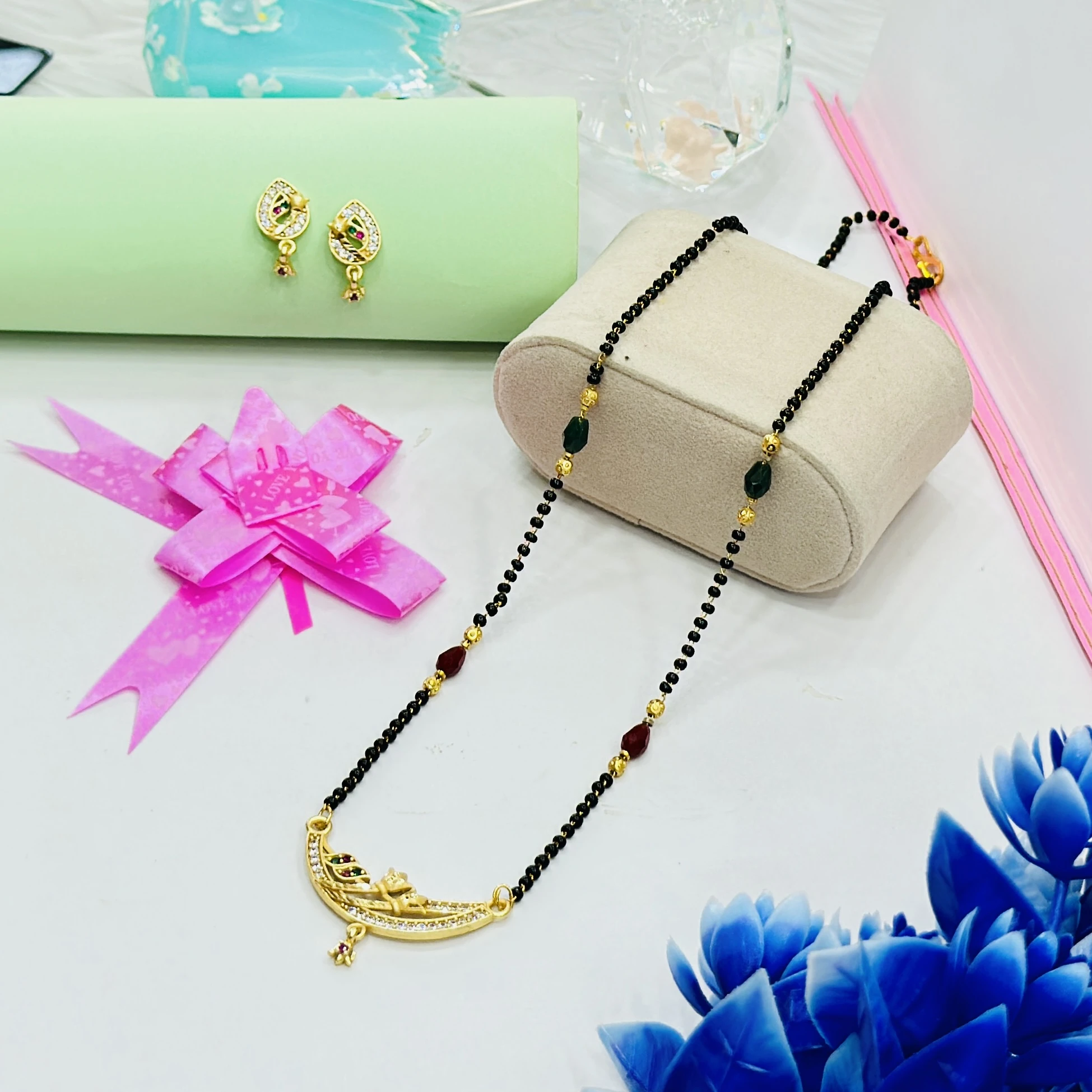 Gold plated brass mangalsutra necklace and earring set