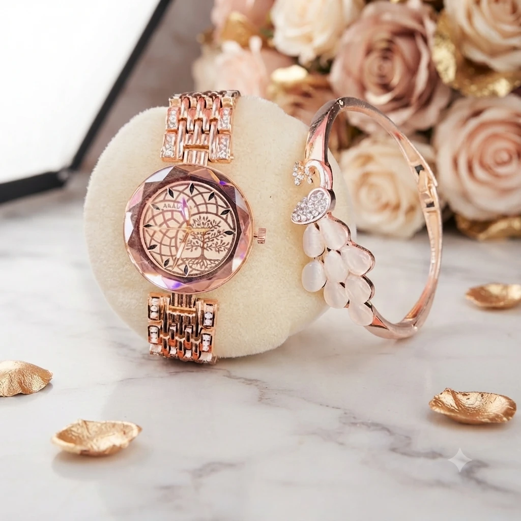 stylish rose gold women's analog watch and matching peacock bracelet set