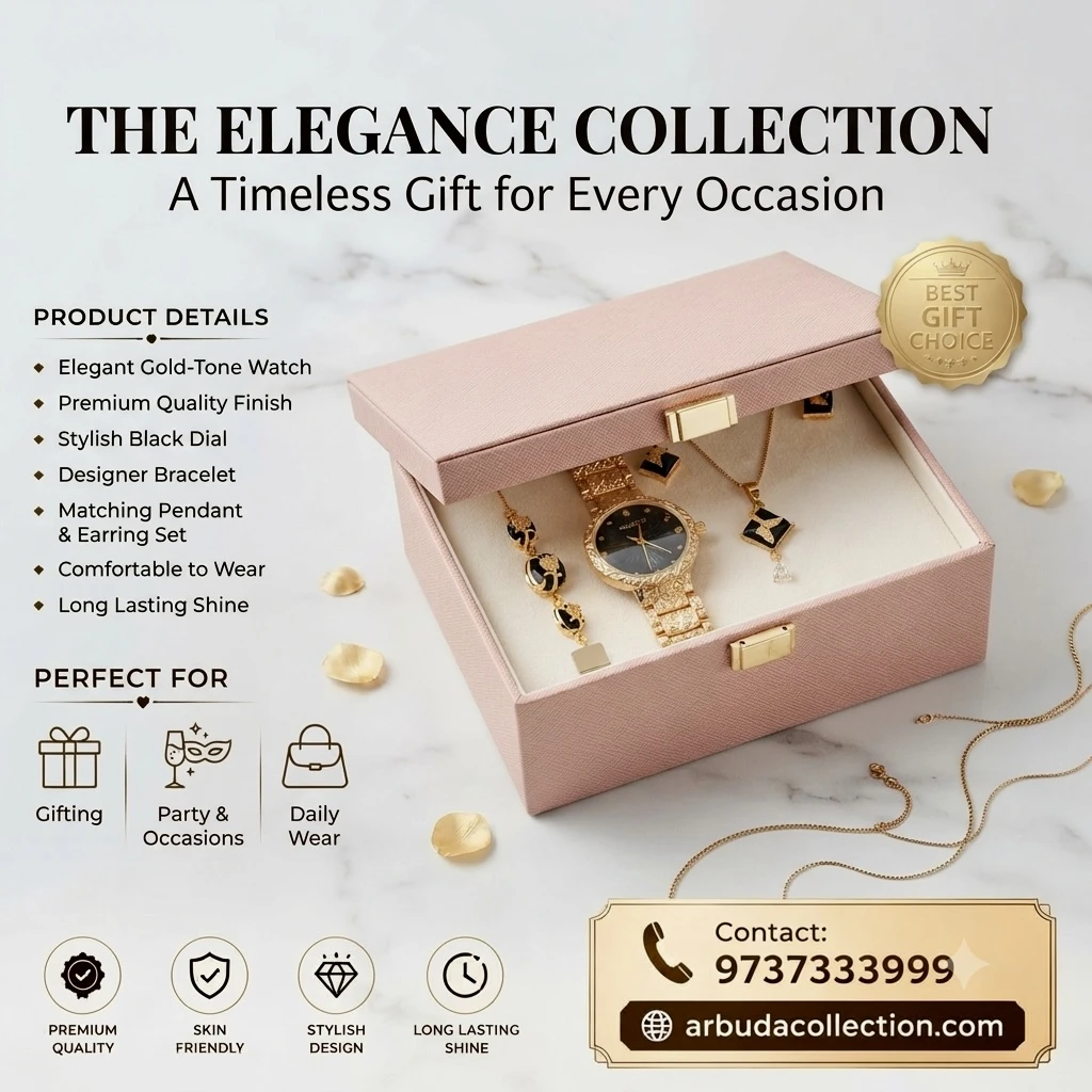 an analog wristwatch and matching jewelry pieces