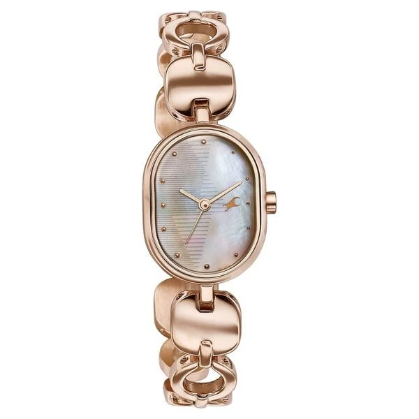 Fastrack Style Up Quartz Analog Mother Of Pearl Dial Rose Gold Metal Strap Watch For Girls Model No.6309WM01