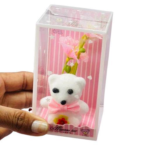 White teddy bear and artificial flower gift set