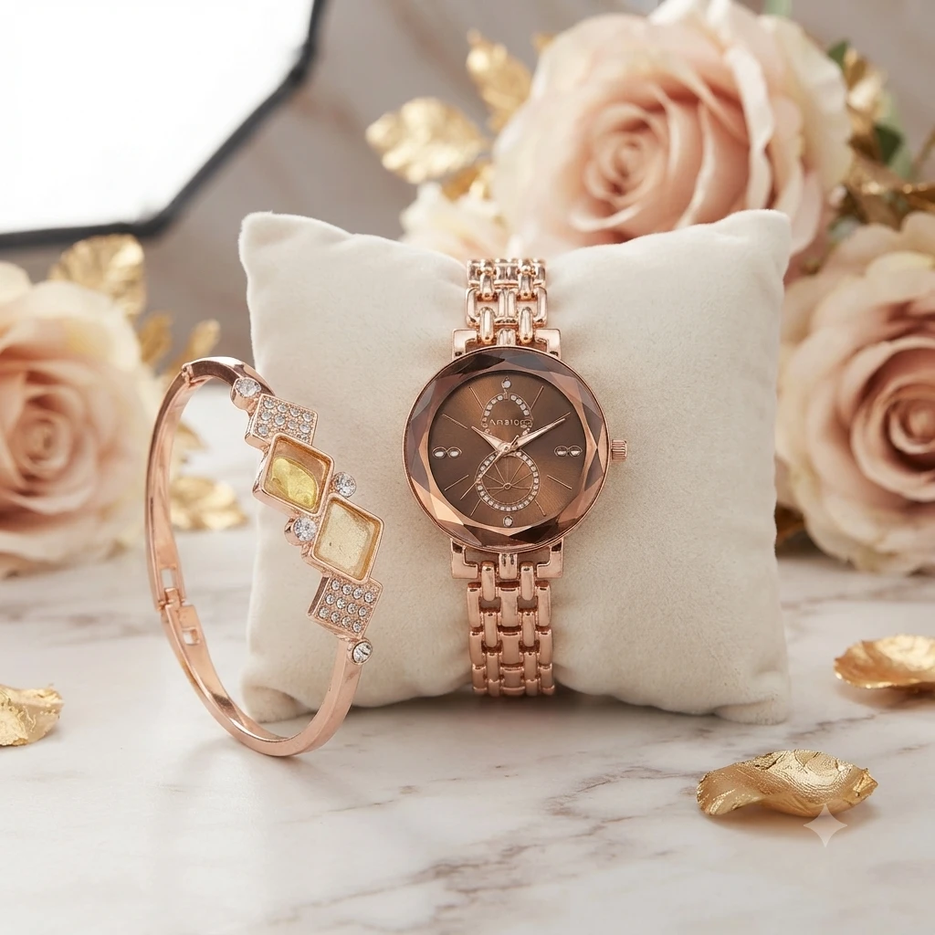 an elegant rose gold women's watch and matching crystal bracelet set