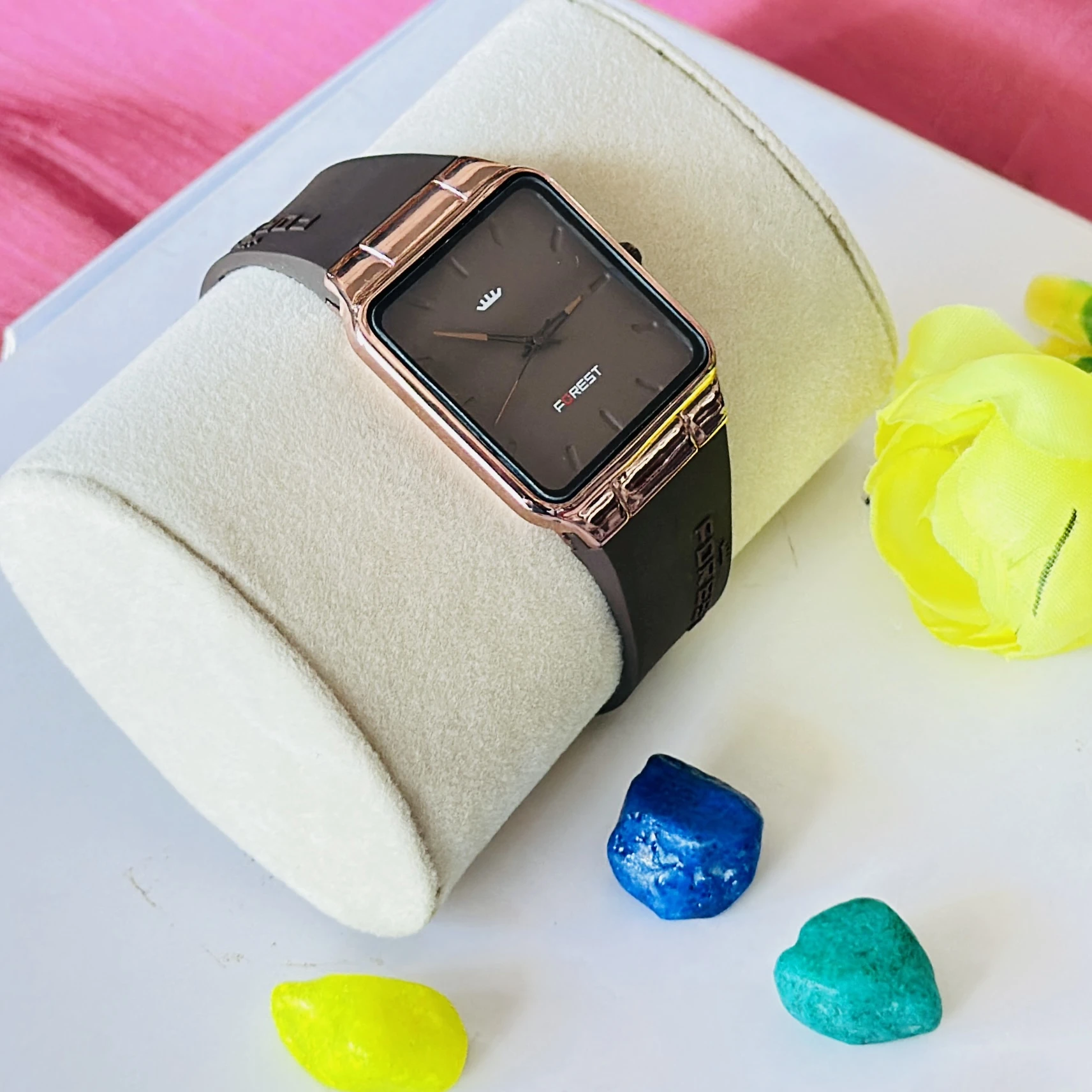 Forest Men's Analog Watch with a square dial case and quartz movement.