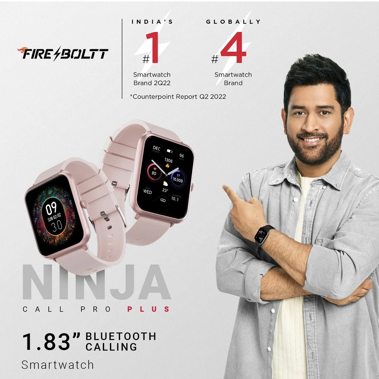Fire-Boltt Ninja Call Pro Plus smartwatch in pink. Model No.BDE053