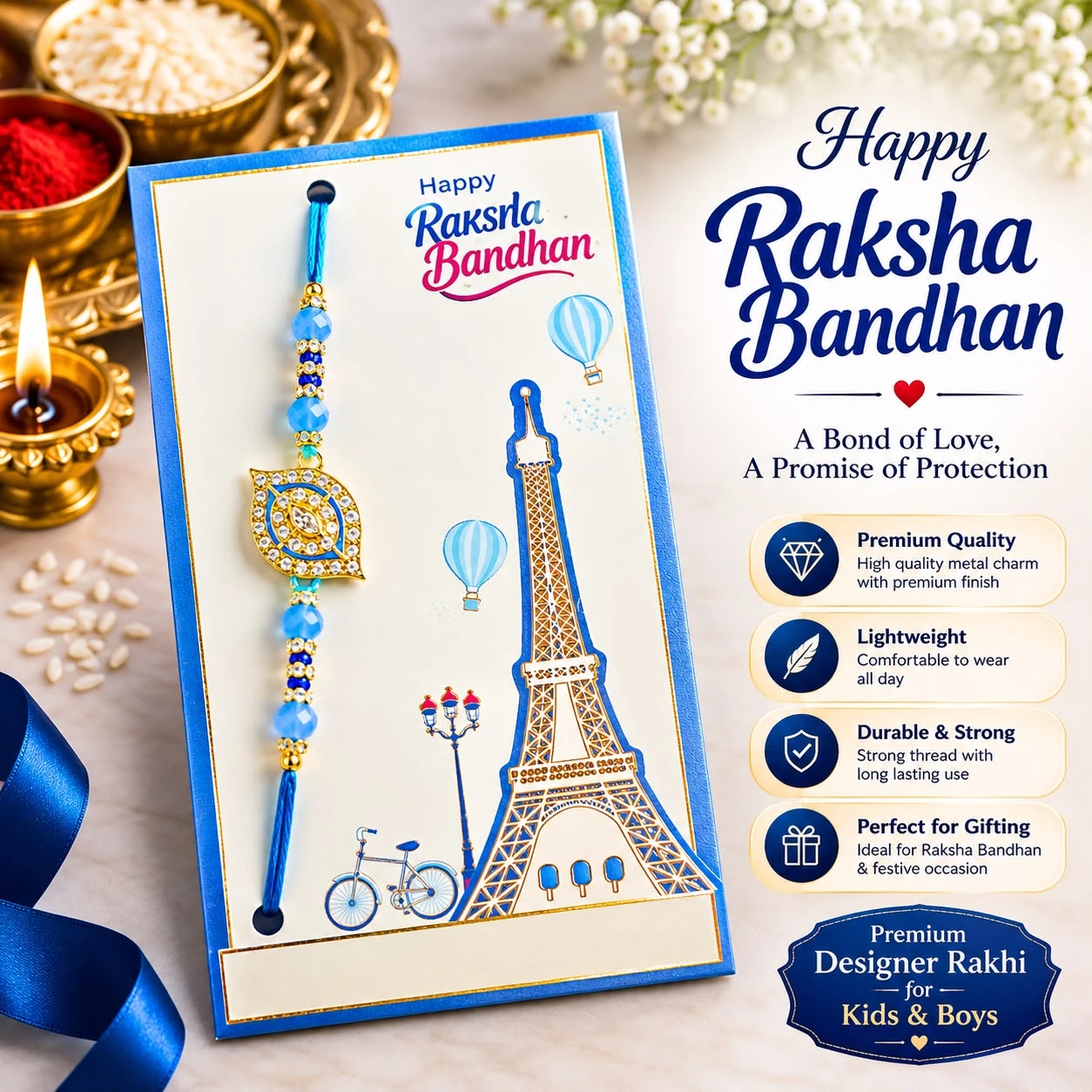 designer rakhi featuring a square metal charm with sparkling stones and pastel beads.