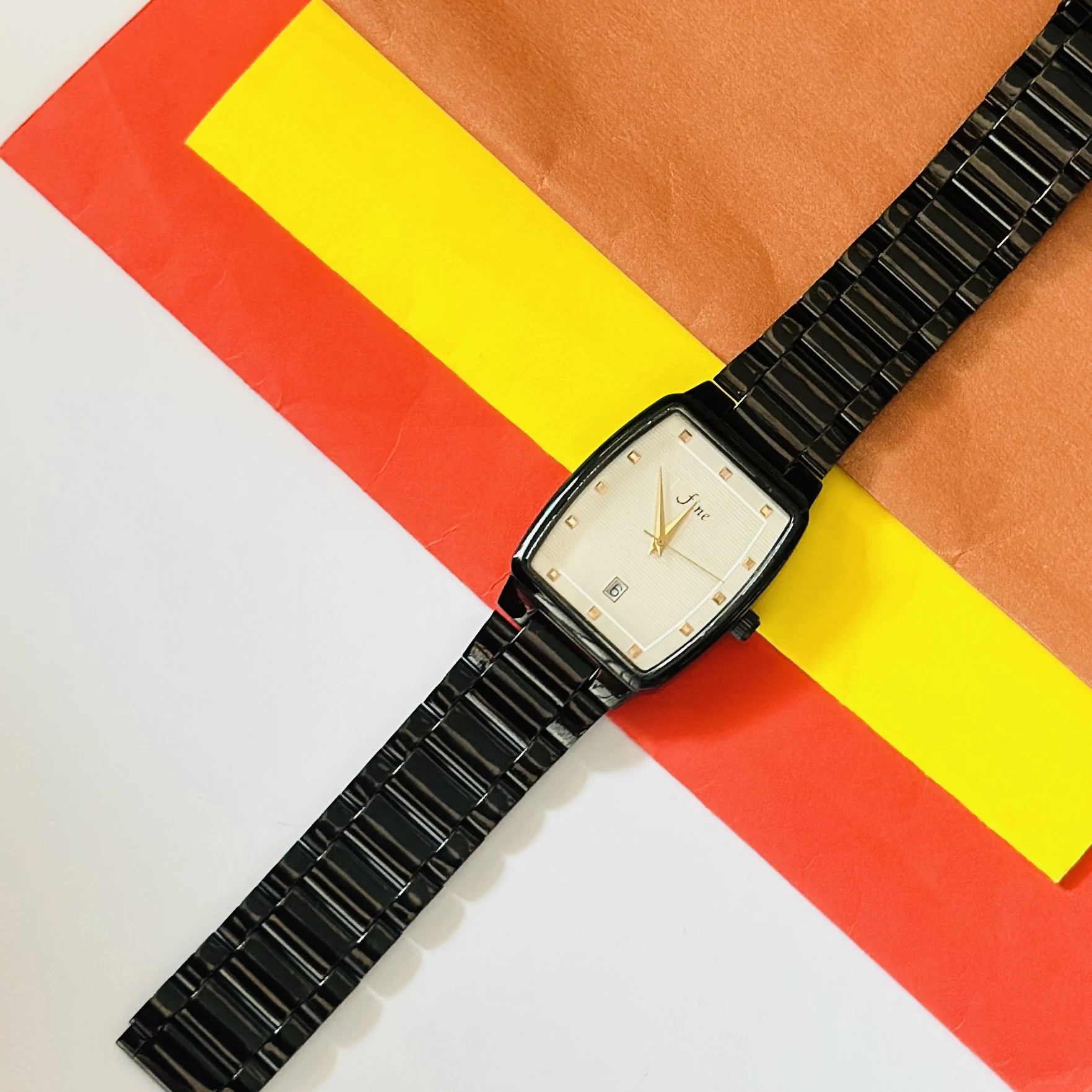 Edge analog watch for men with a rectangular black dial and a black stainless steel strap.