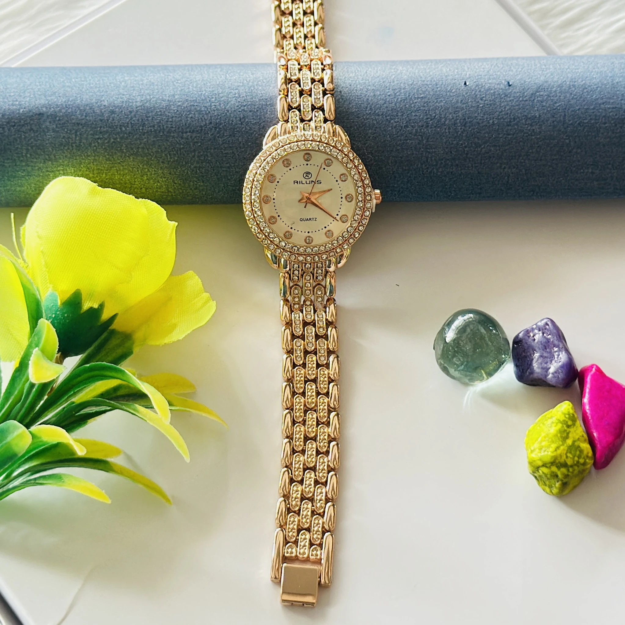 Rillins crystal-embellished gold-tone quartz watch for women.
