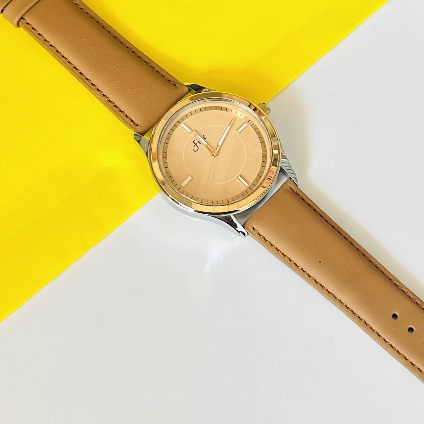 Analog Rose Gold Dial Brown Leather Strap Casual Formal Watch for Men and Boys.