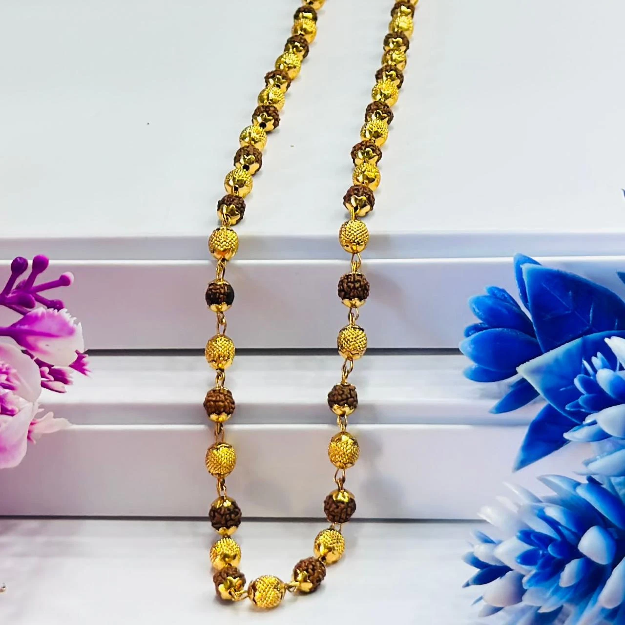 Golden Flower Brown Rudraksha Mala