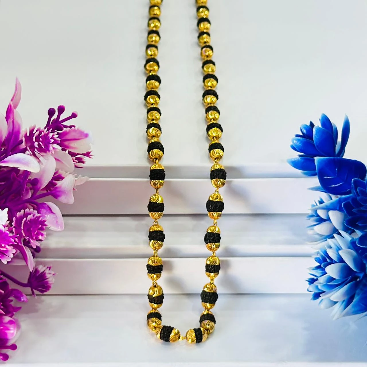 Golden Flower Brown Rudraksha Mala