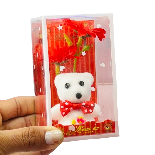 White teddy bear gift set with purple flowers