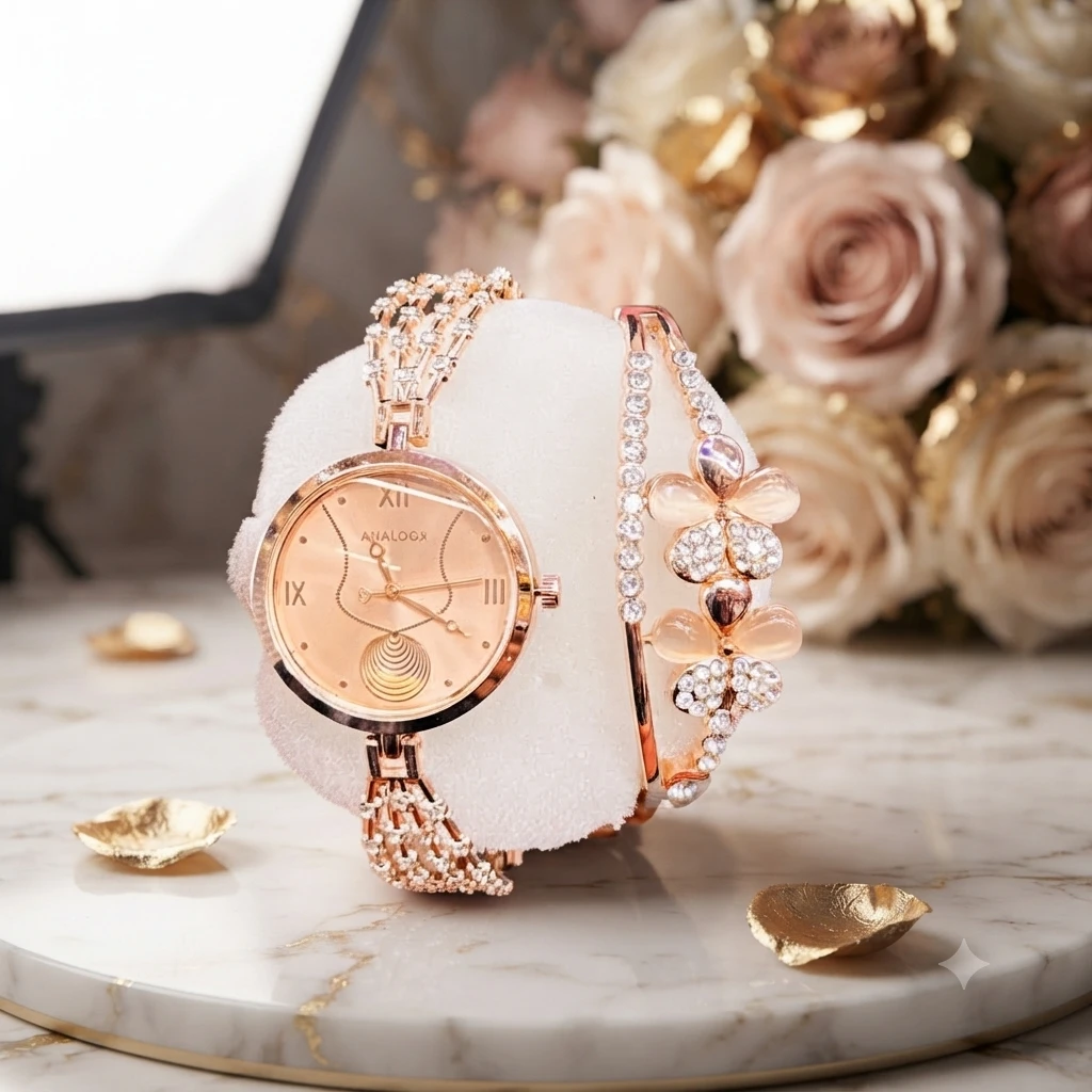 Analogx rose gold analog watch paired with a matching floral crystal-studded bracelet.