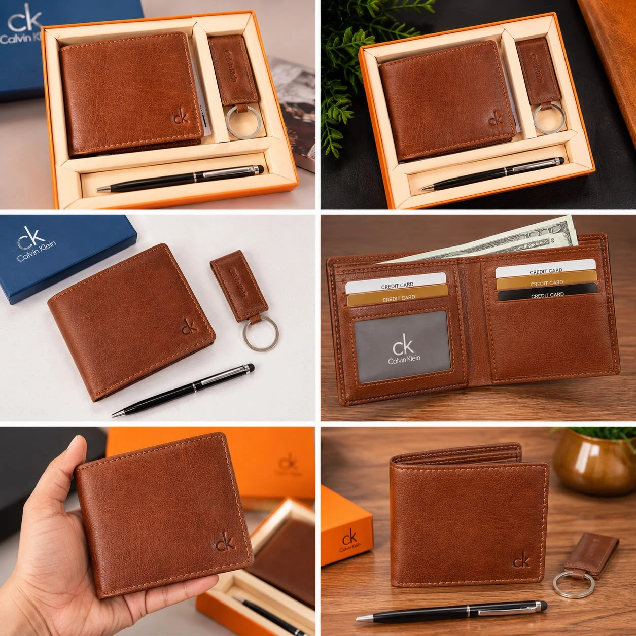 Brown leather wallet gift set