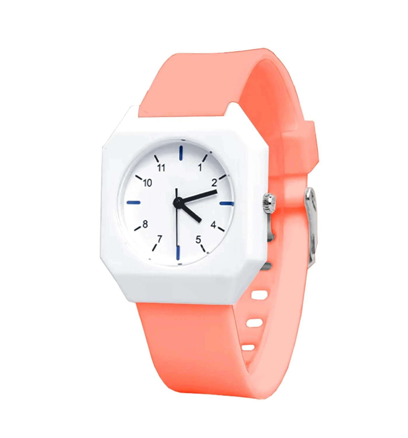 Mingrui analog quartz watch with a white plastic case and a peach/orange silicone strap