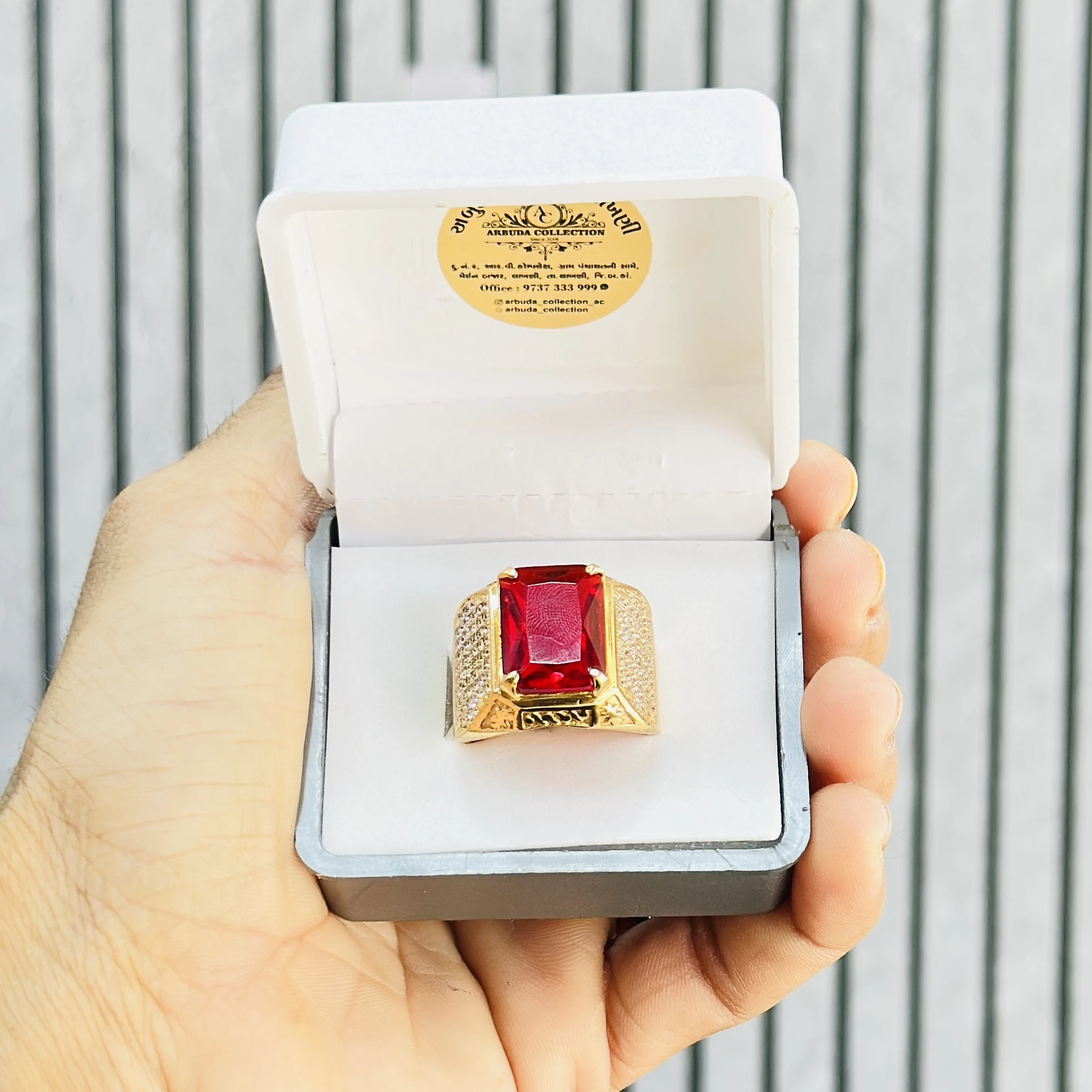 Red Stone With AD Gold Plated Ring For Men