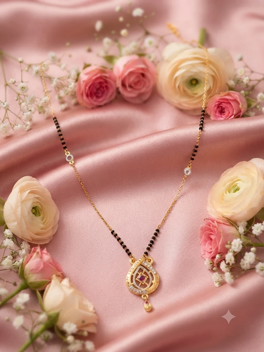 gold-plated mangalsutra features black beaded chains and a pendant