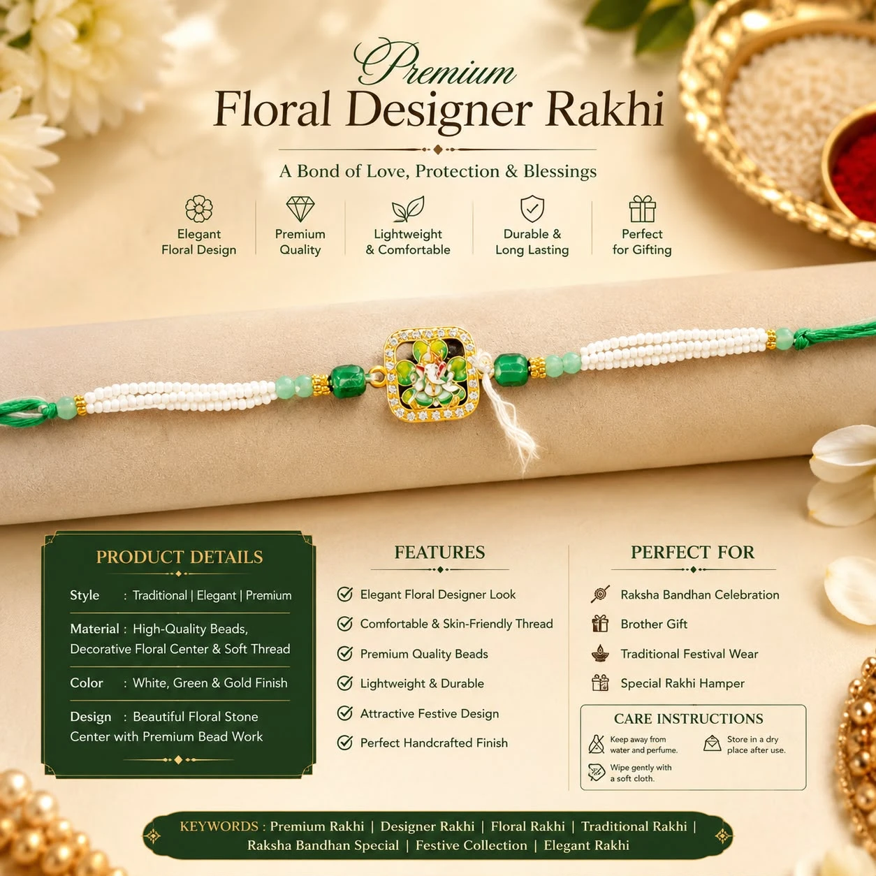 Rakhi features a square-shaped Ganesh motif center embellished with vibrant green enamel and small rhinestones.