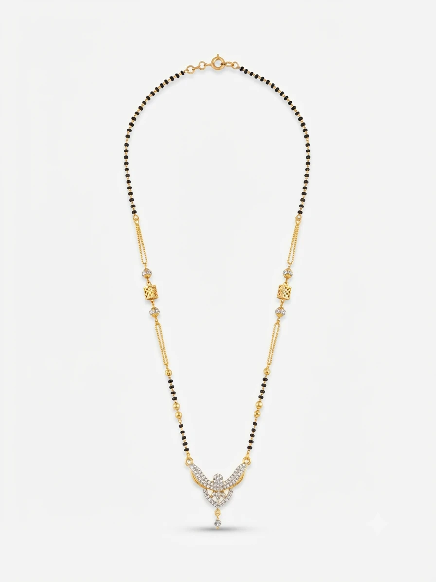gold-plated mangalsutra features a delicate geometric pendant adorned with sparkling stones.