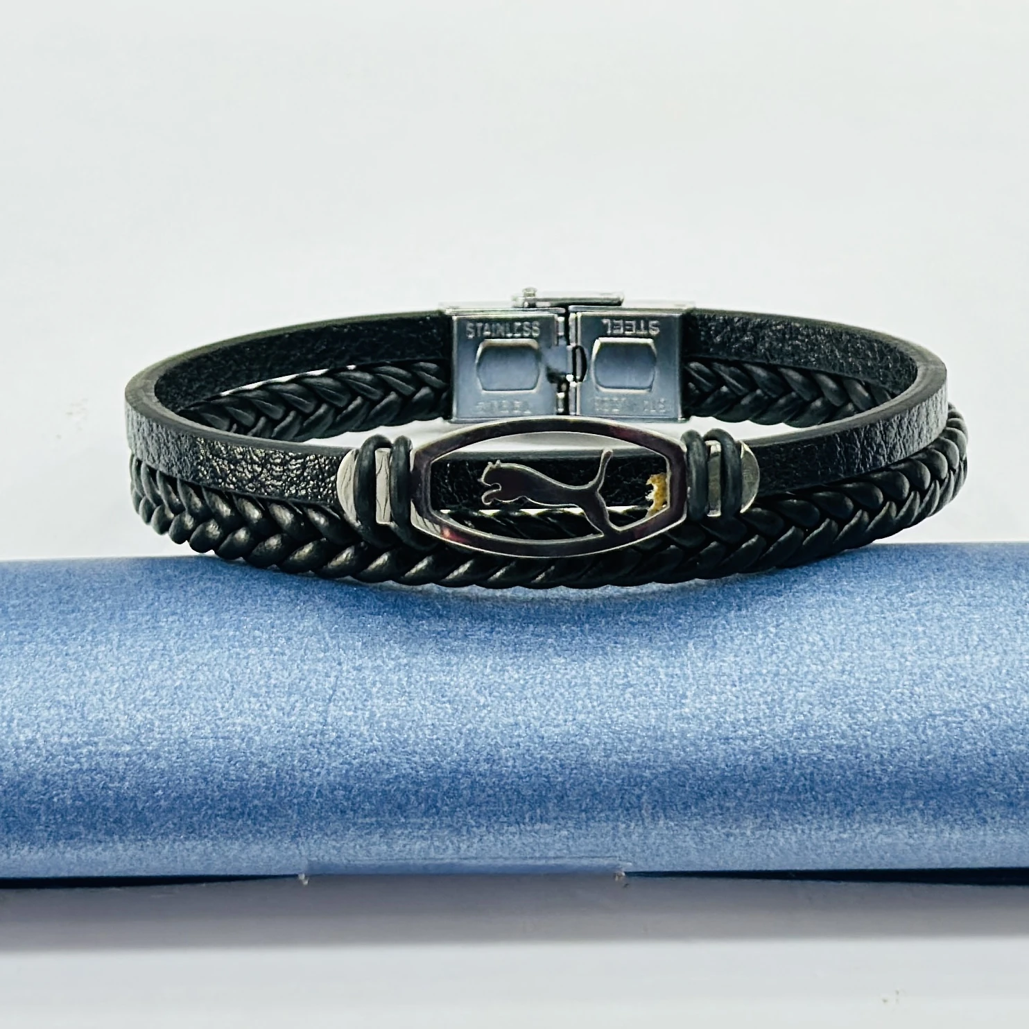 Black leather braided bracelet