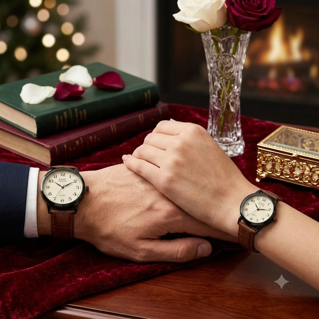 CAMY Collection black metal quartz watches with brown leather-style straps