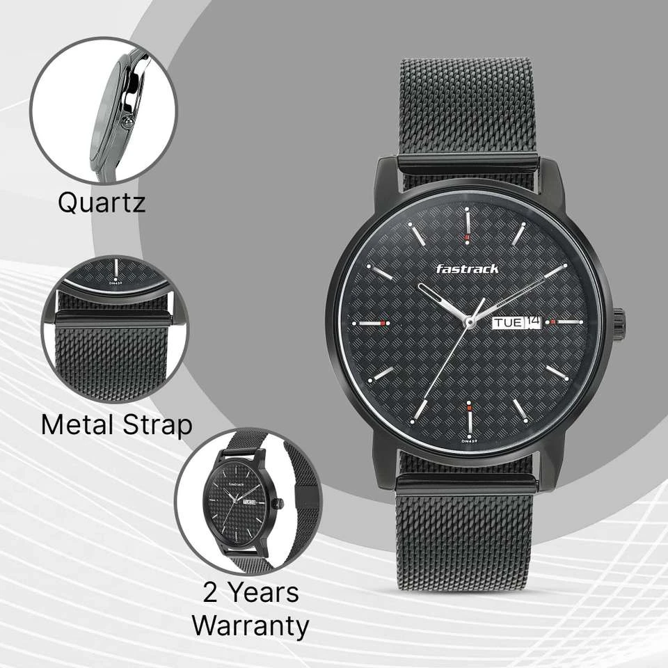Fastrack FK Exclusive analog watch featuring a textured black dial and a matching black mesh metal strap