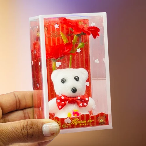 White teddy bear gift set with purple flowers