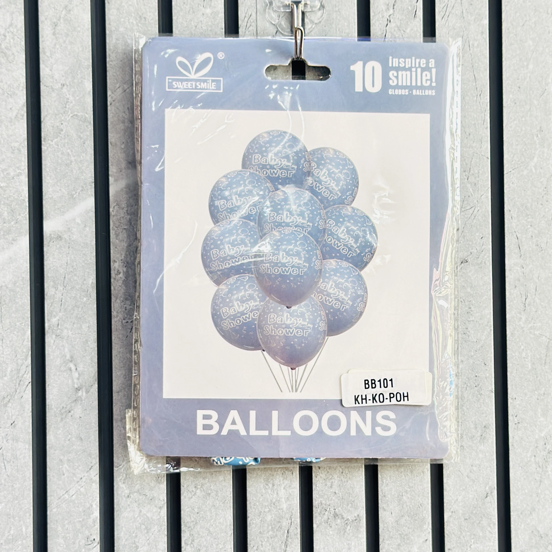 Sweet Smile brand 10-piece baby shower balloon pack in blue.