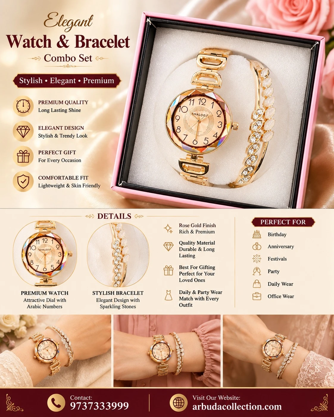 stylish rose gold women's analog watch and matching peacock bracelet set