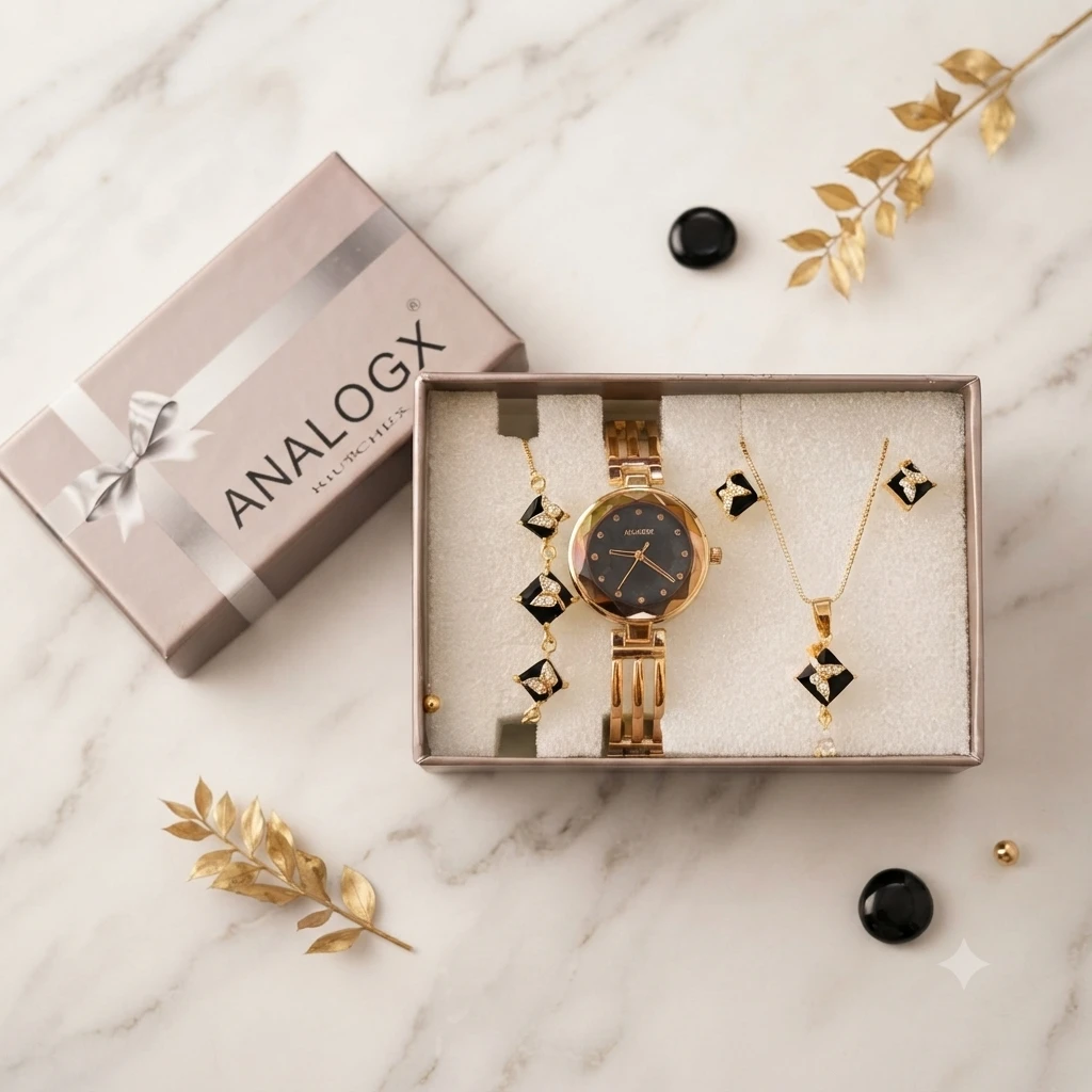 Analogx gold-toned women's analog watch and matching jewelry gift set