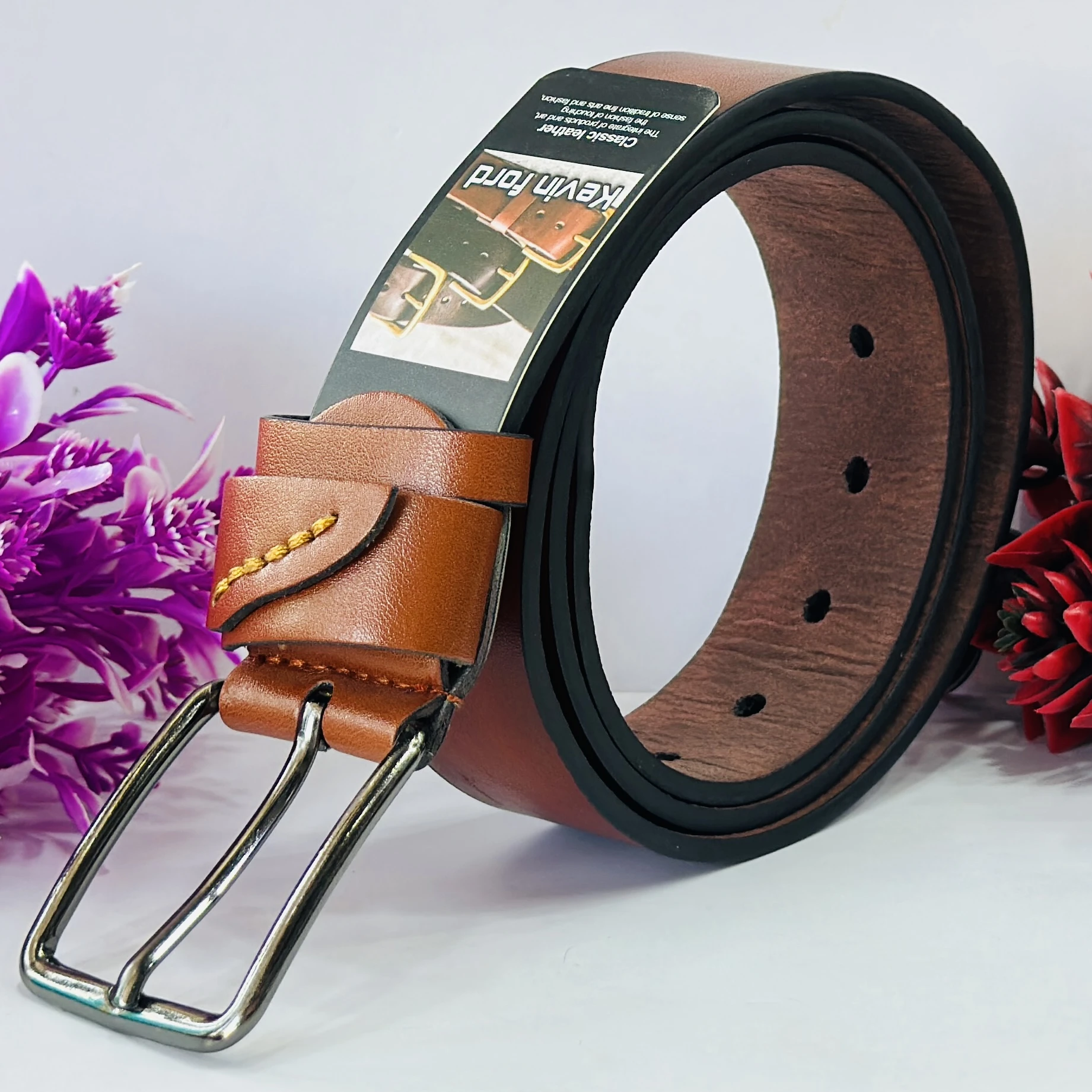 Brown leather men's belt