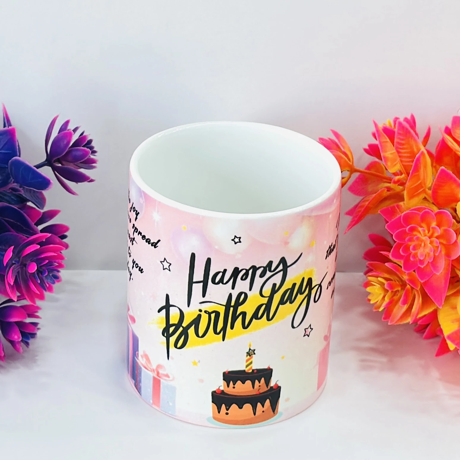 ceramic coffee mug with a "Happy Birthday" quote and gift box design. ….PC7RY3