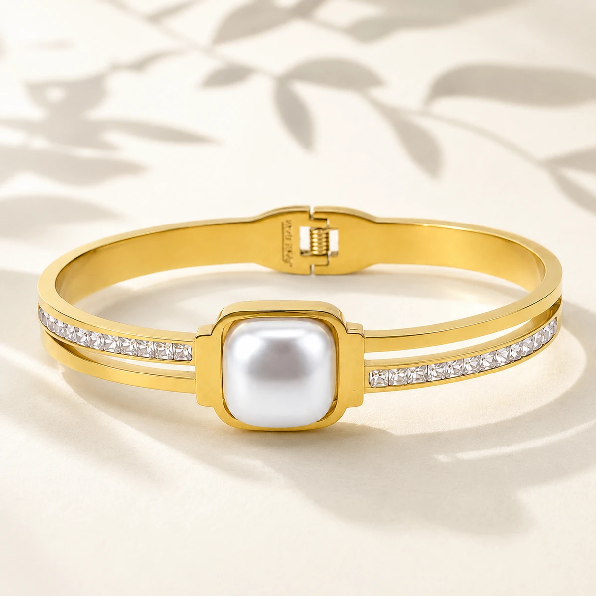 gold-plated pearl and cubic zirconia studded hinged kada