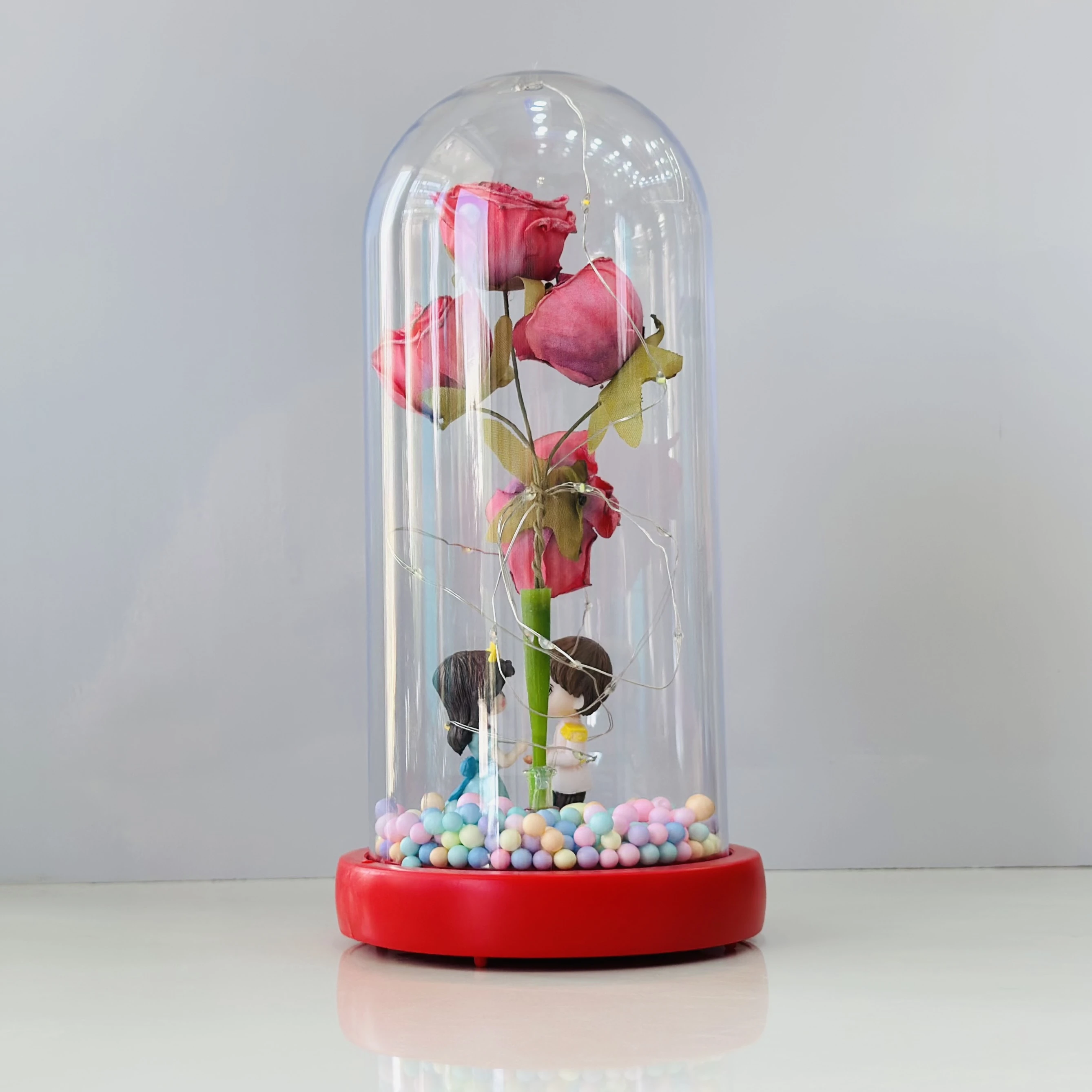 ROMANTIC RED ROSE COUPLE SHOWPIECE IN GLASS DOME WITH LIGHT, MUSIC & BLUETOOTH (SKU-58672S)