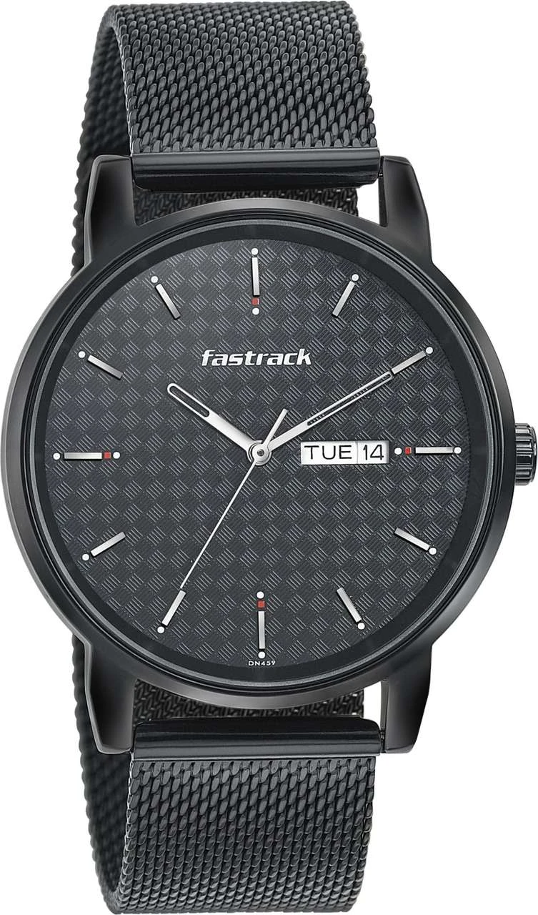 Fastrack FK Exclusive analog watch featuring a textured black dial and a matching black mesh metal strap