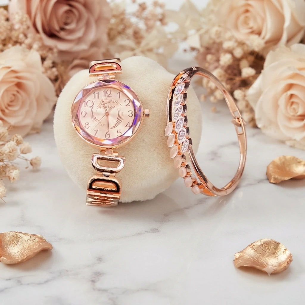 stylish rose gold women's analog watch and matching peacock bracelet set
