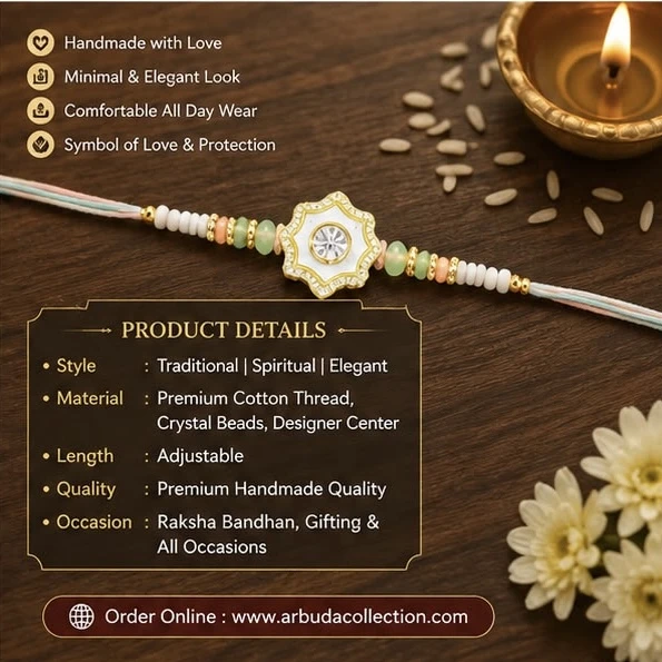 RHOSYN floral rakhi features a white and gold centerpiece with pastel green beads on an adjustable thread.