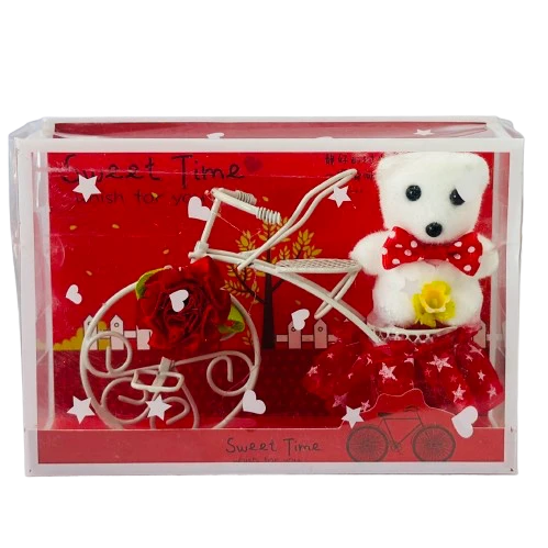 White Plastic Cycle with Teddy Bear and Rose Petals Gift Box