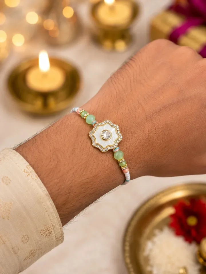 RHOSYN floral rakhi features a white and gold centerpiece with pastel green beads on an adjustable thread.