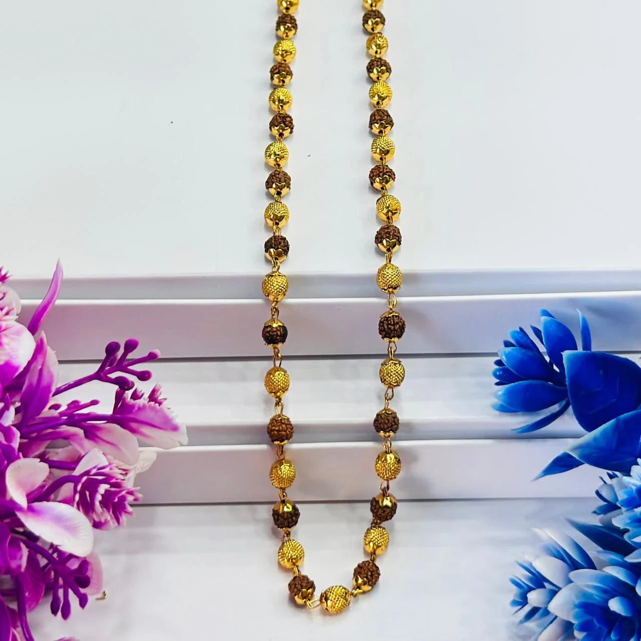 Golden Flower Brown Rudraksha Mala