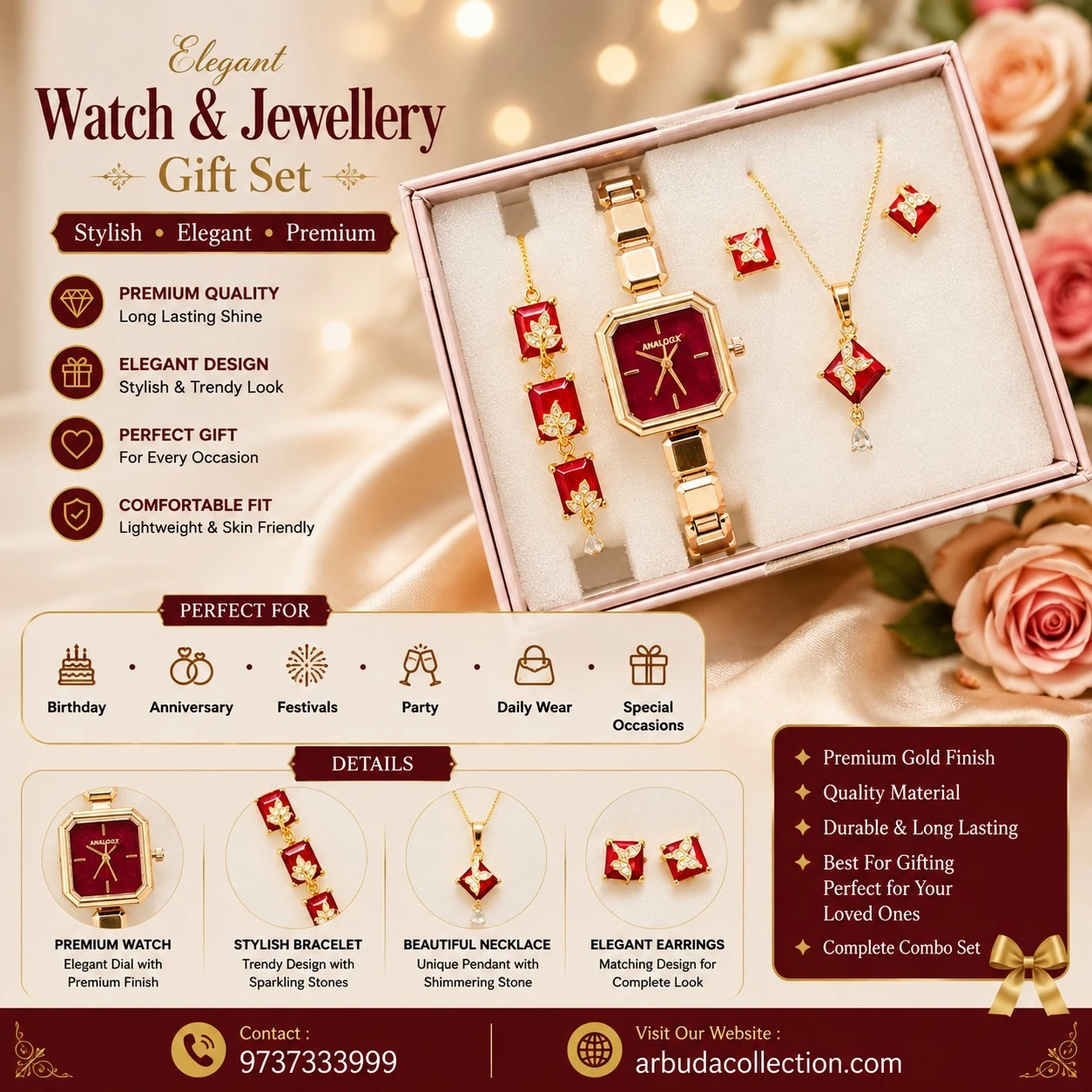 an elegant rose gold watch and jewelry gift set