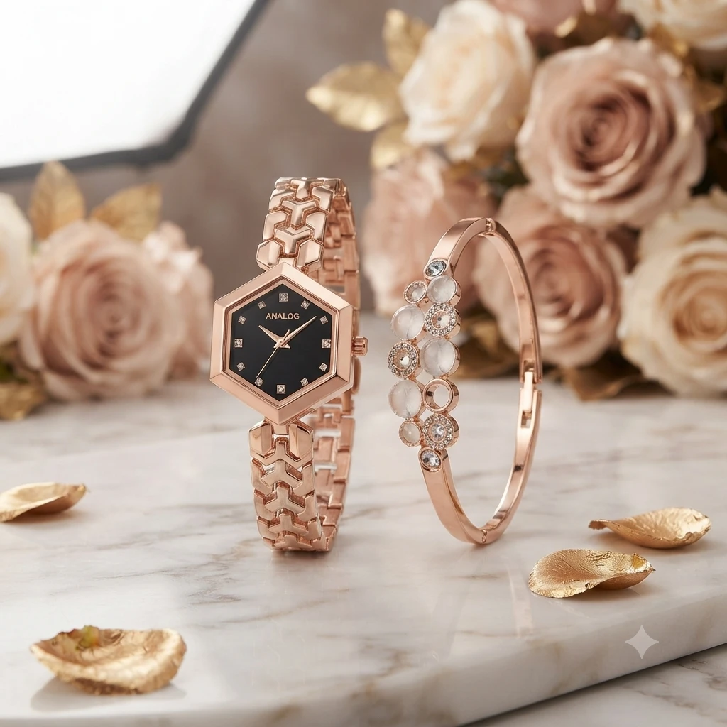Analogx rose gold analog watch paired with a matching floral crystal-studded bracelet.