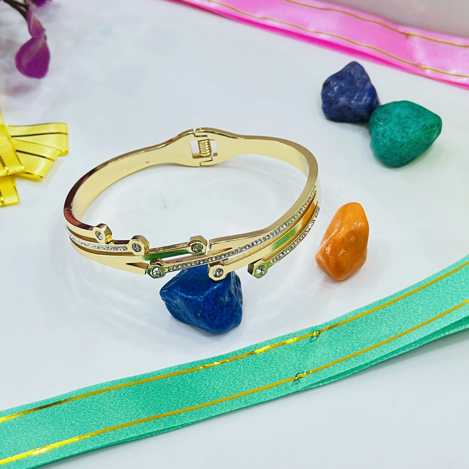 Gold plated, openable stainless steel cuff bangle bracelet