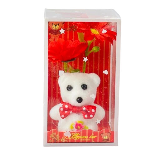 White teddy bear gift set with purple flowers