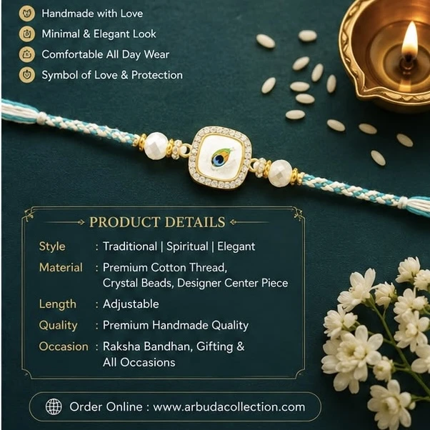 premium Rakhi features a square evil eye charm with a white pearl on each side and a light blue thread