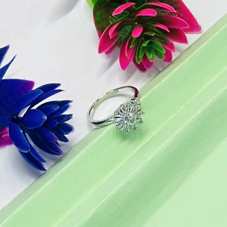 Silver toe ring featuring a white zircon floral design.